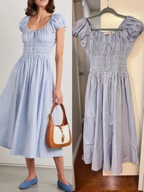 Doen Quinn Tie-Detailed Shirred Striped Organic Cotton-Poplin Midi Dress,Blue,M